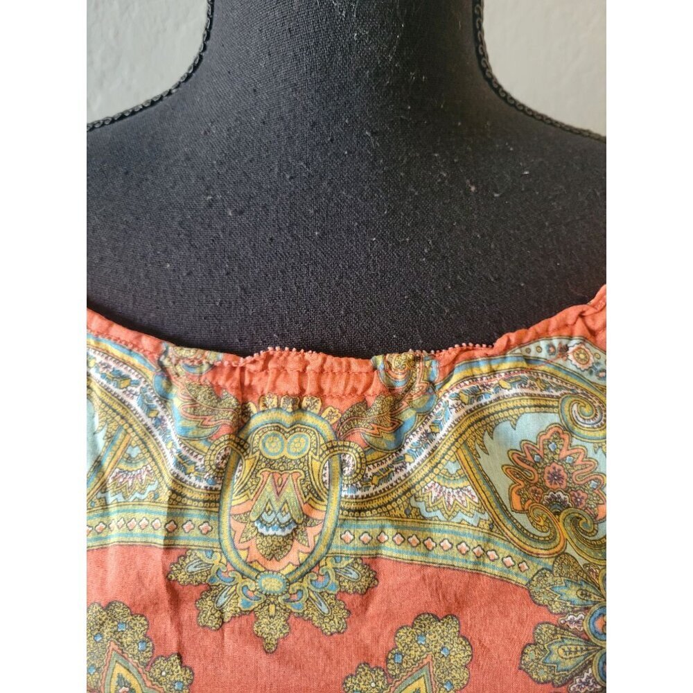 Lucky Brand Orange Aztec Short Sleeve Blouse Size M Bohemian Hippie Western - Picture 3 of 7